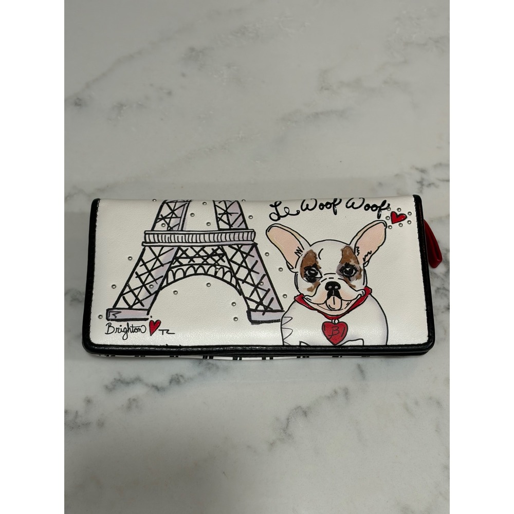 Brighton Le Woof Woof French Bulldog Paris Eiffel Tower Slim Zip Wallet White